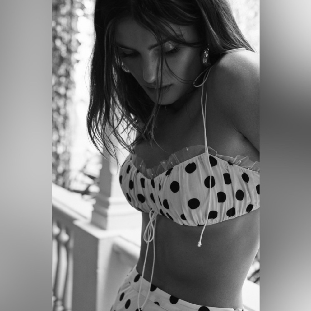 For Love And Lemons White Polka Dot Midi Skirt with Black Spots - Picture 3 of 8